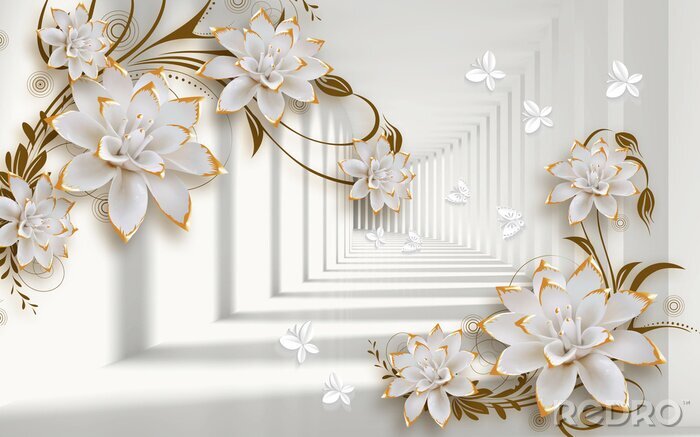 Sticker 3d mural illustration background with golden jewelry and flowers , circles  decorative wallpaper