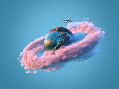 Sticker 3d planeetbol omgeven door een roze wolk