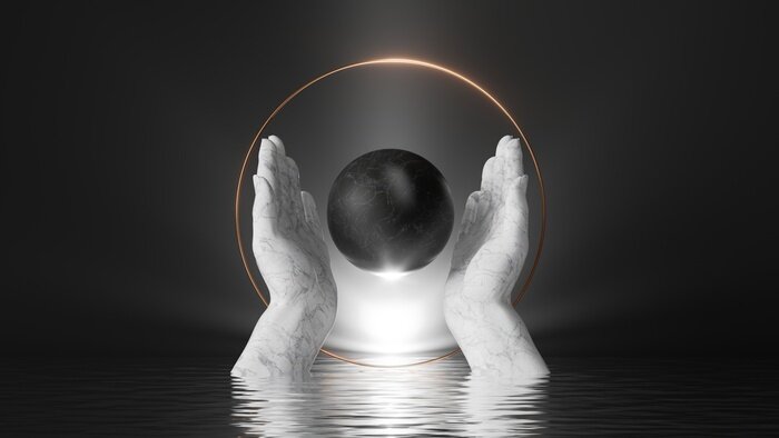 Sticker 3d render, abstract black background with white marble hands hold black stone ball, inside golden round frame; bright shining light and reflections in the water. Modern minimal scene