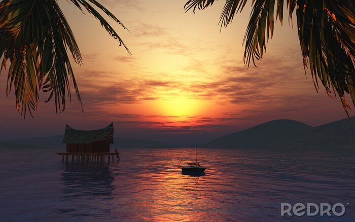 Sticker 3D render of a female sunbathing on a boat in a tropical landsca