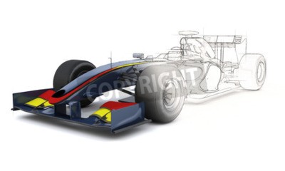 Sticker 3D render van een generieke raceauto met de helft in schetsvoorbeeld