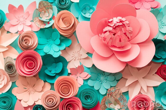 Sticker 3d roze en turquoise papieren bloemen