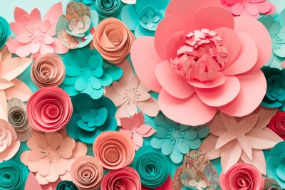 Sticker 3d roze en turquoise papieren bloemen