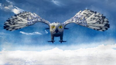 3D uil in vlucht op achtergrond van blauwe hemel