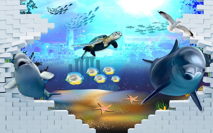 Sticker 3d vissen en zeedieren achter de muur