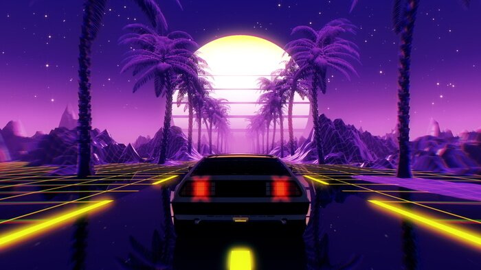 Sticker 80s retro futuristic sci-fi 3D illustration with vintage car. Riding in retrowave VJ videogame landscape, neon lights and low poly grid. Stylized cyberpunk vaporwave background. 4K