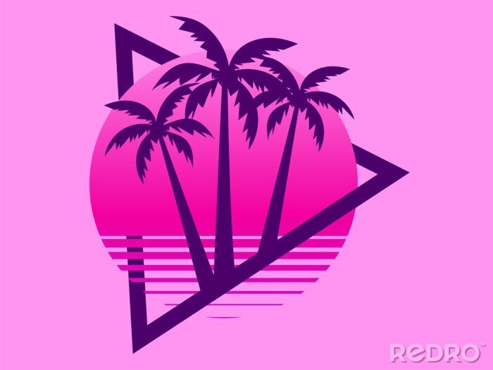 Sticker 80s retro sci-fi palm trees on a sunset. Retro futuristic sun with palm trees. Summer time. Synthwave and retrowave style. Vector illustration