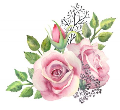 Sticker A bouquet of pink rose flowers, green leaves, red berries, decorative twigs on a white isolated background. Flower poster, invitation. Watercolor composition for decorating greeting cards or