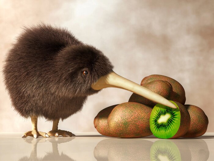 Sticker A Kiwi bird stands next to a pile of kiwifruit.  Both the animal and the fruit are natives of New Zealand. 3D illustration