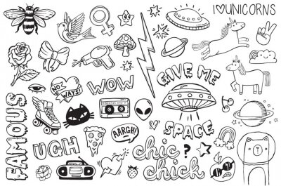 Sticker A set of teen culture graffiti doodles suitable for decoration, badges, stickers or embroidery. Vector illustrations.