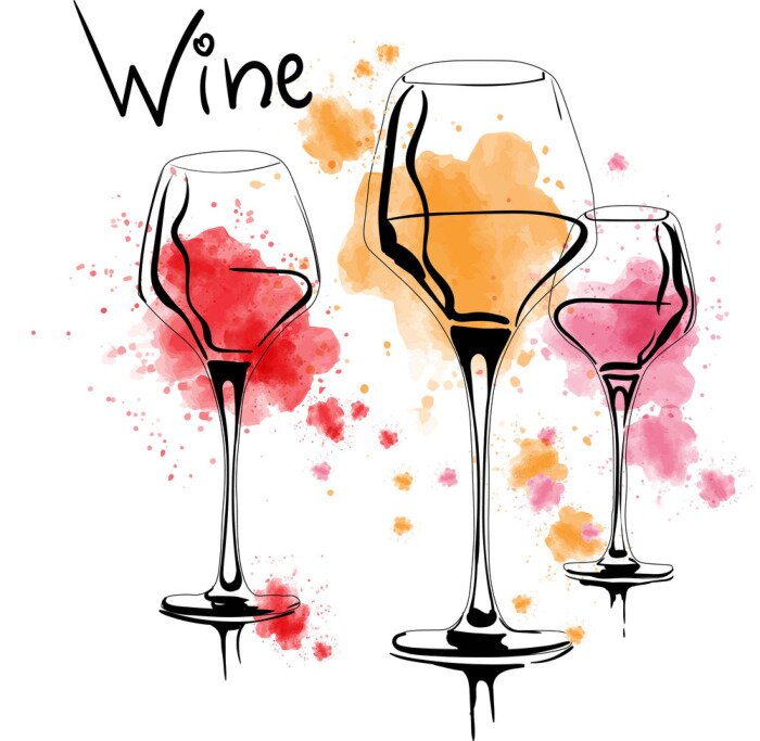 Sticker A set of vector and watercolor drawings of glass of rose, red, and white wine with splashes of paint, on white background