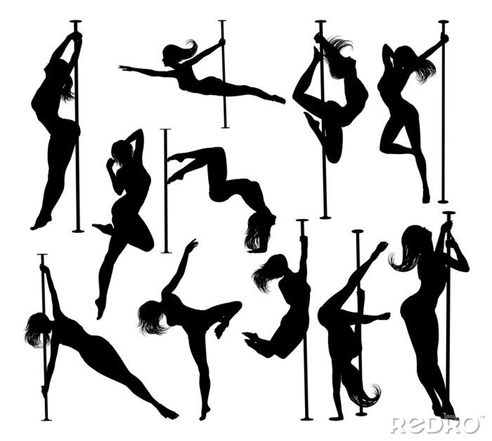 Sticker A set of women pole dancing exercising for fitness in silhouette