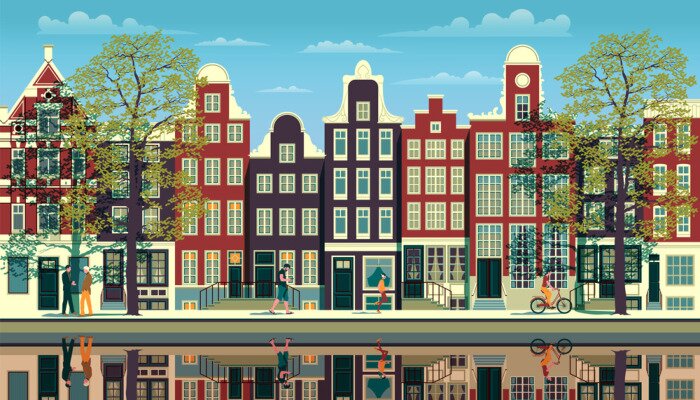 Sticker A street in Amsterdam with traditional buildings, walking people, trees and reflections in the water