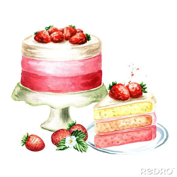 Sticker Aardbeiencake verjaardag of bruiloft samenstelling. Waterverfhand getrokken illustratie, op witte achtergrond wordt geïsoleerd die