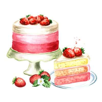 Sticker Aardbeiencake verjaardag of bruiloft samenstelling. Waterverfhand getrokken illustratie, op witte achtergrond wordt geïsoleerd die