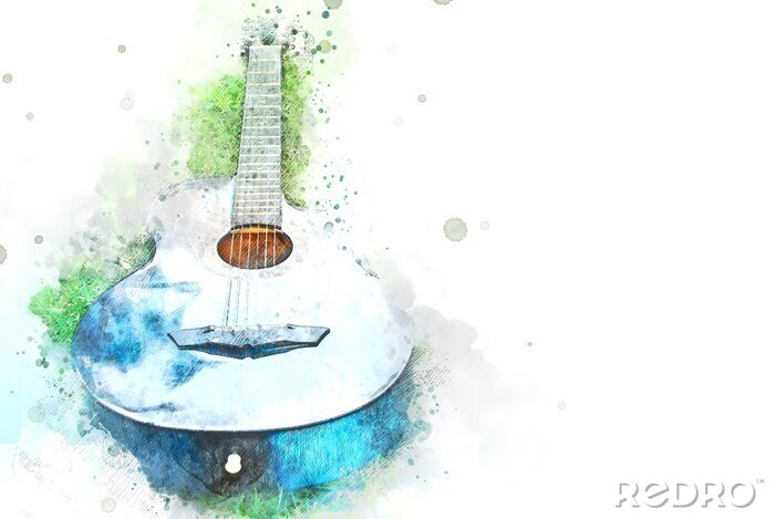 Sticker Abstract acoustic guitar on green grass on watercolor illustration painting background.