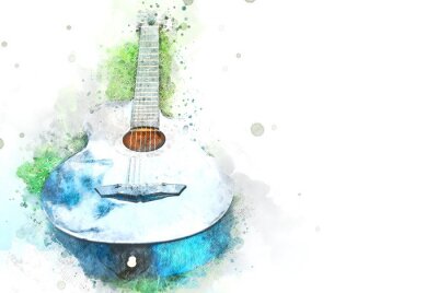 Sticker Abstract acoustic guitar on green grass on watercolor illustration painting background.