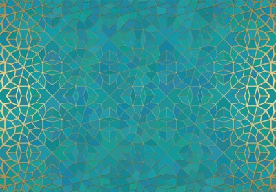 Sticker Abstract background with islamic ornament, arabic geometric texture. Golden lined tiled motif.