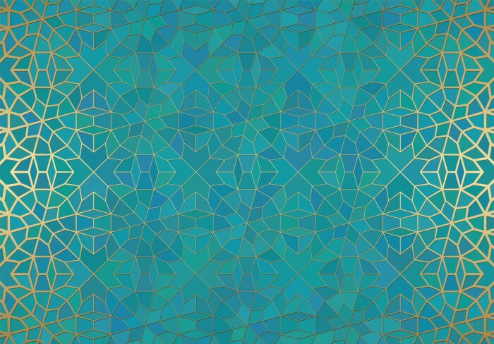 Sticker Abstract background with islamic ornament, arabic geometric texture. Golden lined tiled motif.