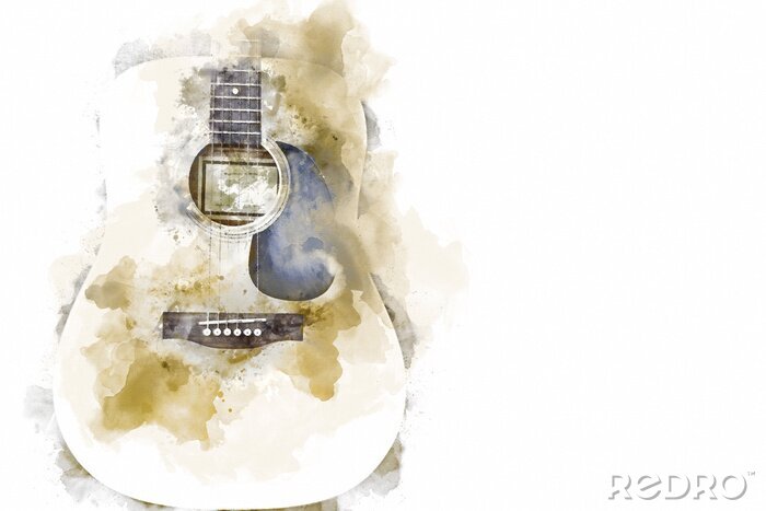 Sticker Abstract colorful acoustic guitar on watercolor illustration painting background.