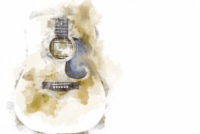 Sticker Abstract colorful acoustic guitar on watercolor illustration painting background.
