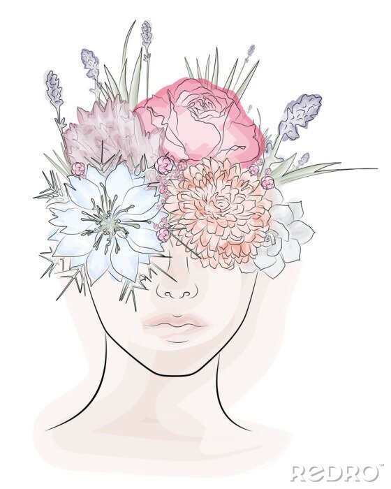 Sticker Abstract gezicht met bloemen in aquarel