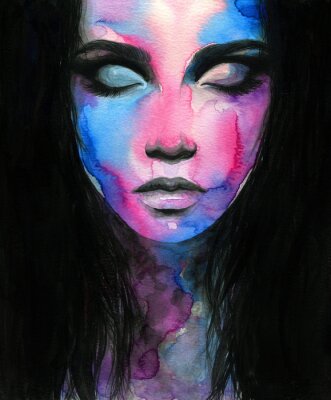 Sticker Abstract gezicht van een vrouw geschilderd met waterverf