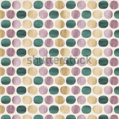 Sticker Abstract grafisch patroon van stippen en ovalen in orchidee paarse, gouden gele en jade groene aquarel vormen op crème papier geweven papier achtergrond.