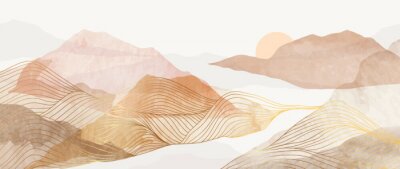 Sticker Abstract Mountain background vector. Minimal landscape art with watercolor brush and golden line texture. Abstract art wallpaper for prints, Art Decoration, wall arts and canvas prints. 