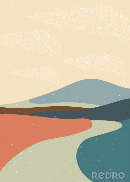 Sticker Abstract mountain landscape poster. Geometric landscape background in asian japanese style. vector illustration