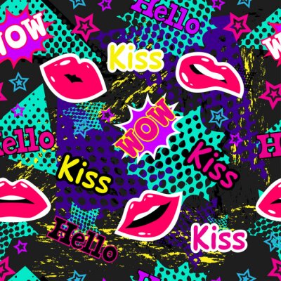 Sticker Abstract naadloos patroon voor meisje en jongen. Creatieve kleurrijke behang met pop-art comics tekstballonnen, wolken, woorden. Grunge stedelijke achtergrond voor textiel, mode, sport kleren. Blauw, 