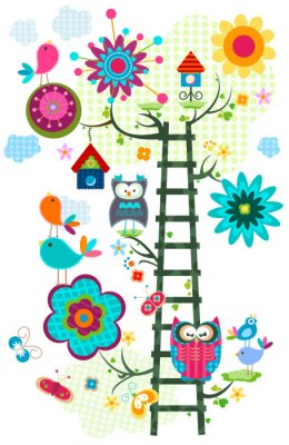Abstracte afbeelding met een ladder van vogels en bloemen