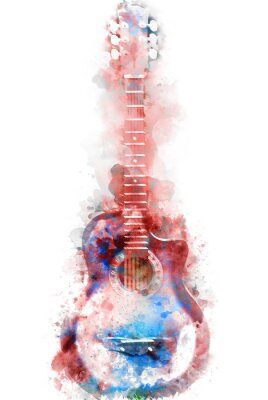 Abstracte blauwe akoestische gitaar op de voorgrond Close-up op aquarel schilderij achtergrond