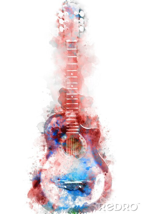 Sticker Abstracte blauwe akoestische gitaar op de voorgrond Close-up op aquarel schilderij achtergrond