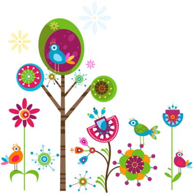 Sticker Abstracte bomen bloemen en vogels