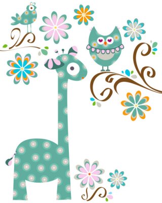 Sticker Abstracte decoratieve afbeeldingen van giraffen en vogels