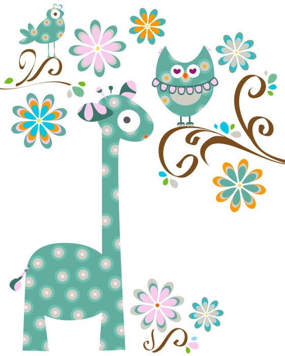 Sticker Abstracte decoratieve afbeeldingen van giraffen en vogels