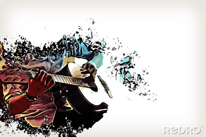 Sticker Abstracte gitarist op de voorgrond. Close-up, Waterverfverf
