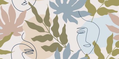 Sticker Abstracte lijn-art gezichten tussen tropische bladeren