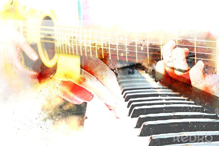 Sticker Abstracte mooie akoestische gitaar en piano spelen op aquarel schilderij achtergrond en digitale illustratie penseel voor kunst.