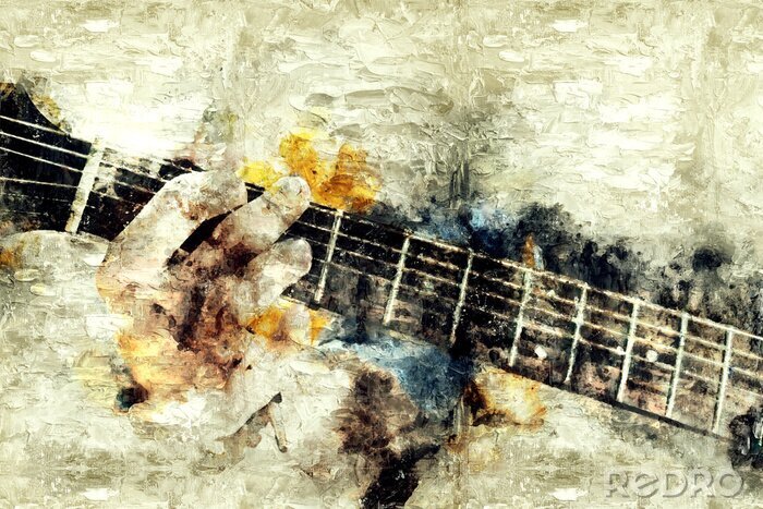 Sticker Abstracte mooie gitaarspelen op de voorgrond op aquarel achtergrond en digitale illustratie penseel to kunst ...