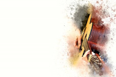 Abstracte mooie man spelen Gitarist muziek Waterverf schilderij achtergrond en Digitale illustratie penseel naar kunst.