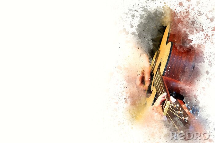 Sticker Abstracte mooie man spelen Gitarist muziek Waterverf schilderij achtergrond en Digitale illustratie penseel naar kunst.