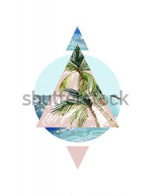 Sticker Abstracte zomer achtergrond. Driehoek, cirkel, aquarel palmboom, blad, marmeren grunge texturen. Geometrisch ontwerp voor t-shirt, flyer, poster in retro 80s, 90s. Handgeschilderde zomer strand illust