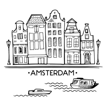 Sticker Achtergrond met de hand getekende doodle Amsterdam huizen. Geïsoleerd zwart en wit. Illustratie vector.