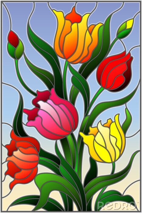 Sticker Afbeeldingen met bloemen die gebrandschilderd glas imiteren