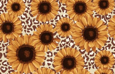 Afdrukbare naadloze vintage herfst herhalen patroon achtergrond met zonnebloemen. Botanisch behang, rasterillustratie in super Hoge resolutie.