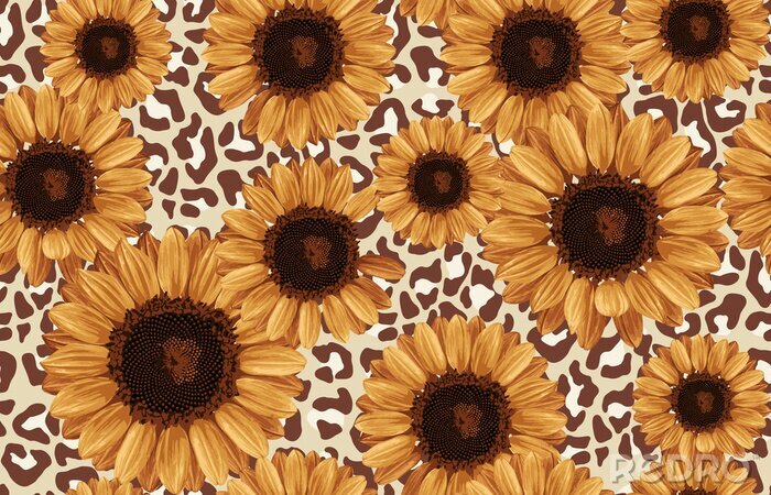 Sticker Afdrukbare naadloze vintage herfst herhalen patroon achtergrond met zonnebloemen. Botanisch behang, rasterillustratie in super Hoge resolutie.