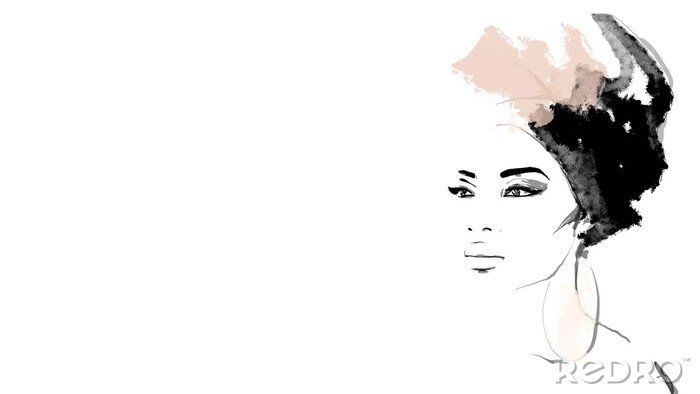 Sticker African American illustration for fashion banner. Trendy woman model background. Afro hair style girl	
