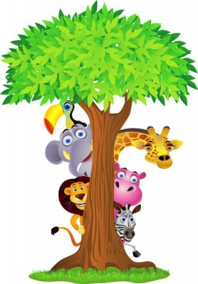Sticker Afrikaanse dieren verstoppen zich achter een boom